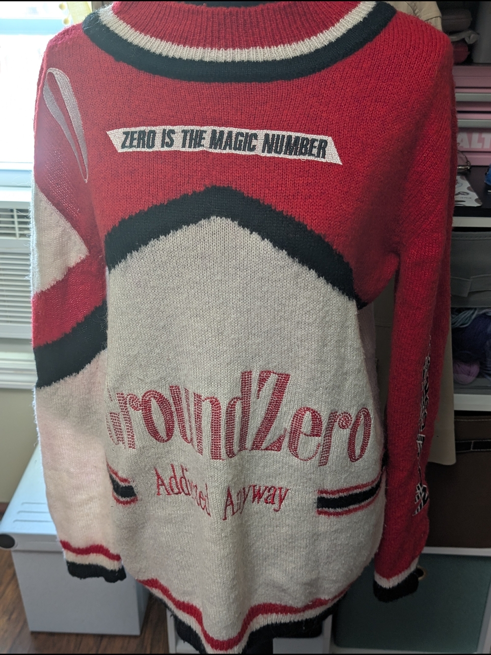 Ground Zero Red and Cream Graphic Crewneck Sweater-L/XL